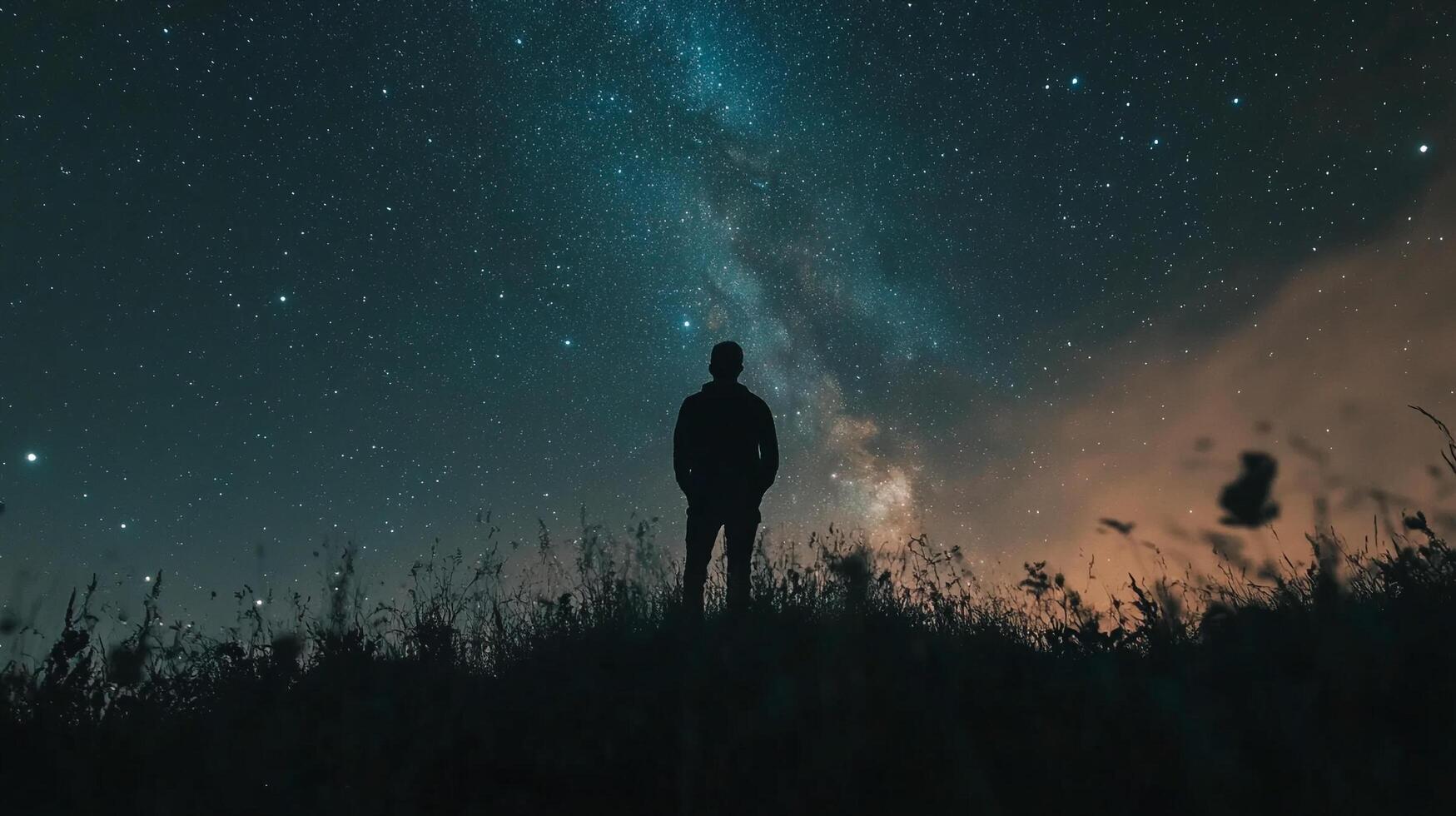 Silhouette of a man standing against the backdrop of the Milky Way, surrounded by starry expanse and grassy foreground under night sky. photo
