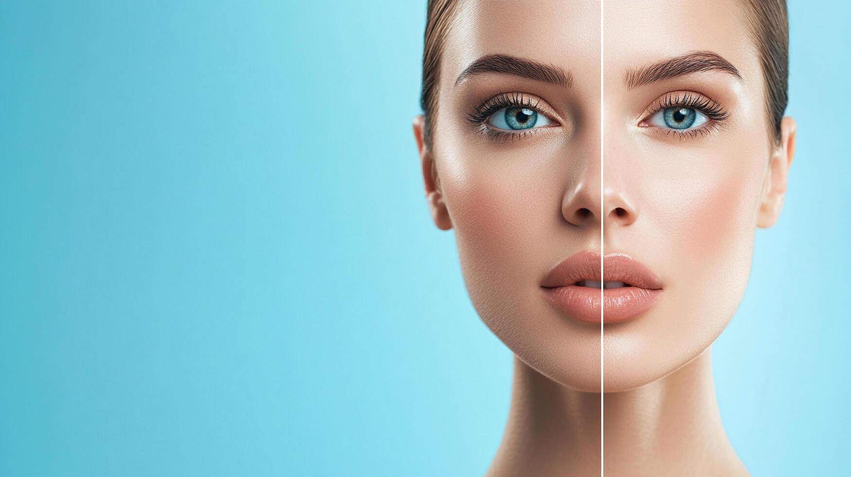 Close-up beauty shot of a woman's face showcasing eyebrow shaping and make-up on a split screen with a solid light blue background. photo