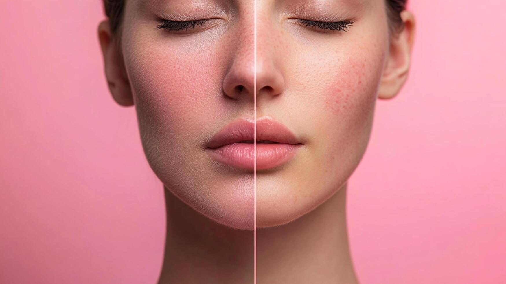 Woman's face showing skin redness on one side, illustrating a comparison or skin condition effect. Simple pink background. photo