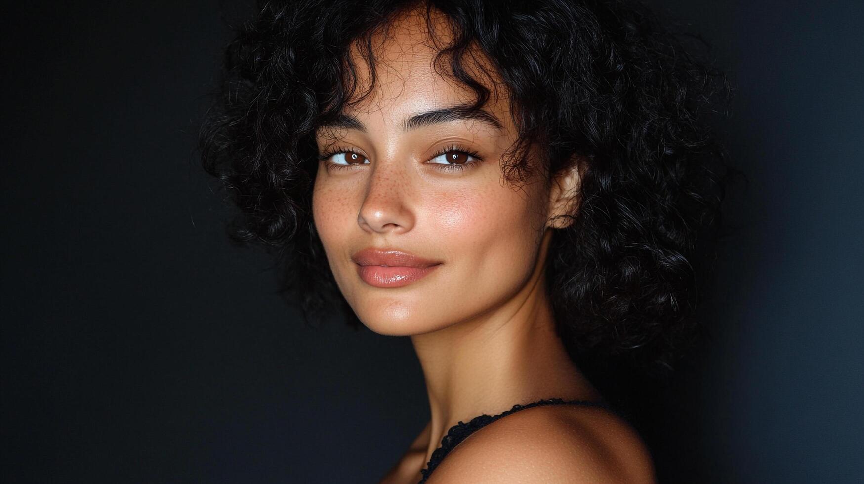Elegant portrait of a woman with curly hair, soft features, and a natural, beautiful glow against a dark background. photo