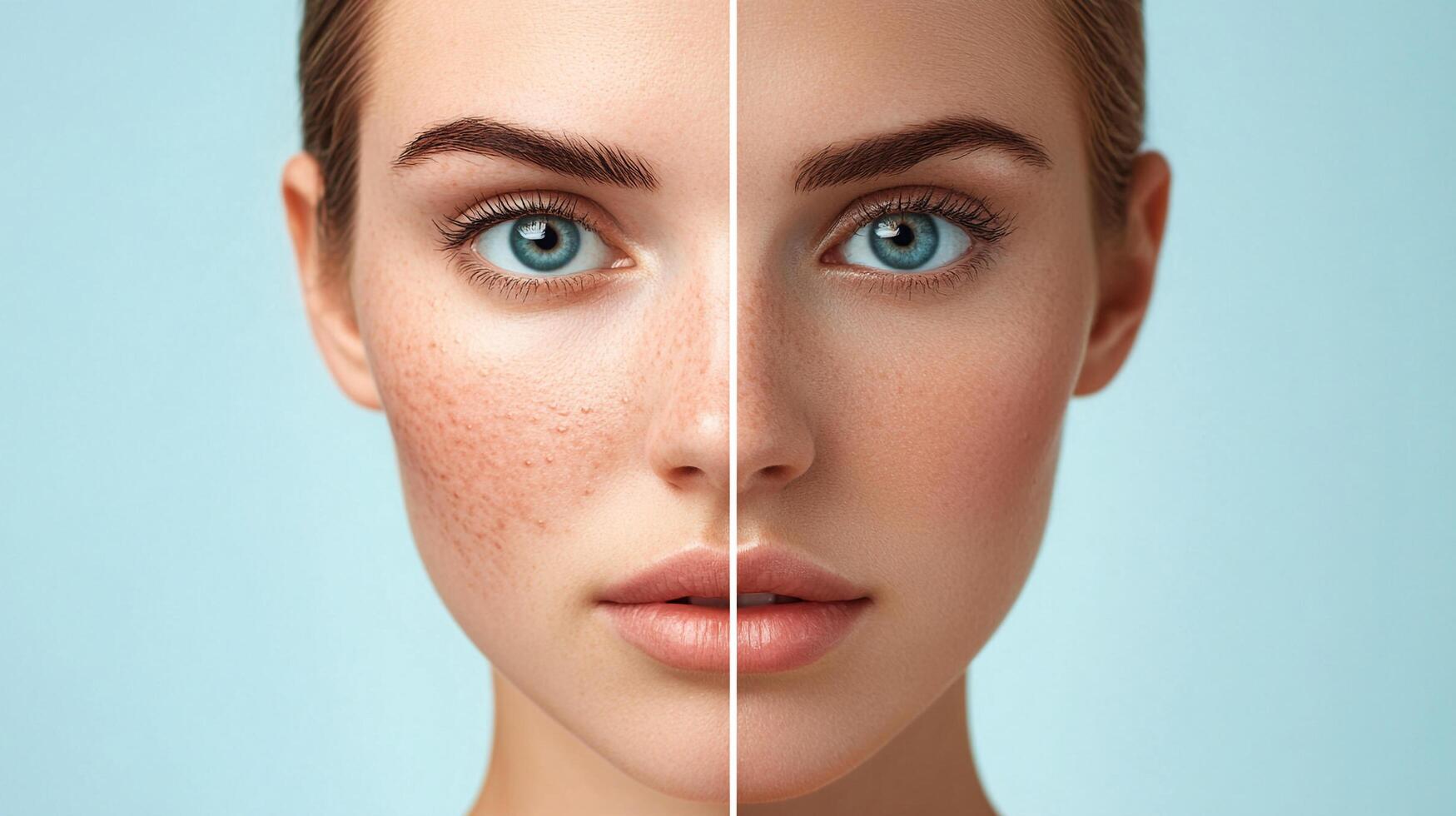 Skincare transformation showcasing facial redness reduction and improved skin texture for a smoother complexion. Before and after results. photo