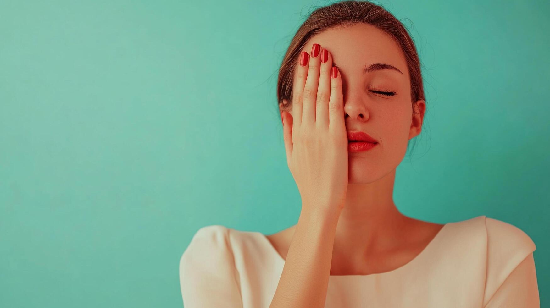 Elegant woman with red nails and lipstick against teal background covering eye with hand with closed eyes in a moment of reflection or peace. photo