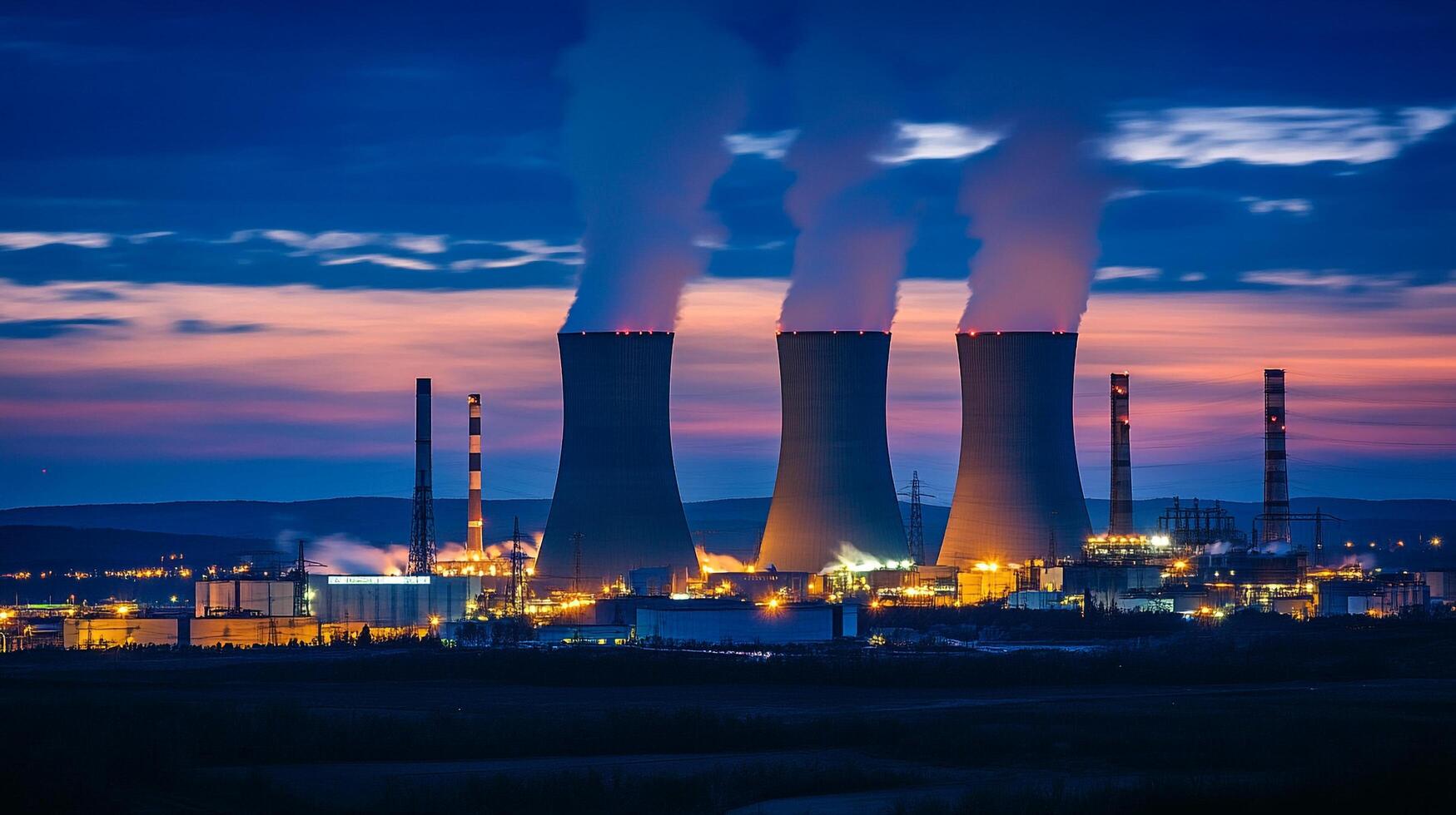 Night Scene of a Large Industrial Complex with Cooling Towers Releasing Steam into the Dusk Sky, Illuminated by Warm Artificial Lights photo