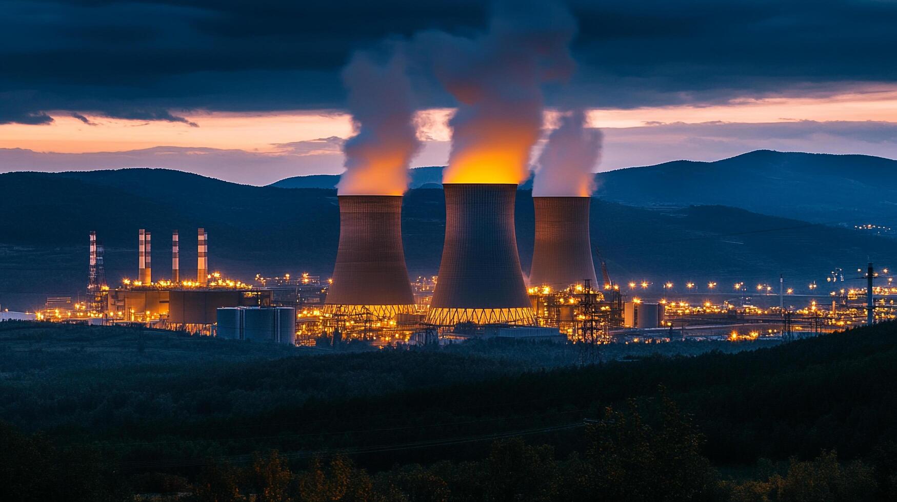 Industrial complex at dusk, illuminated by lights, with mountains in the background, showcasing energy infrastructure and cooling towers. photo