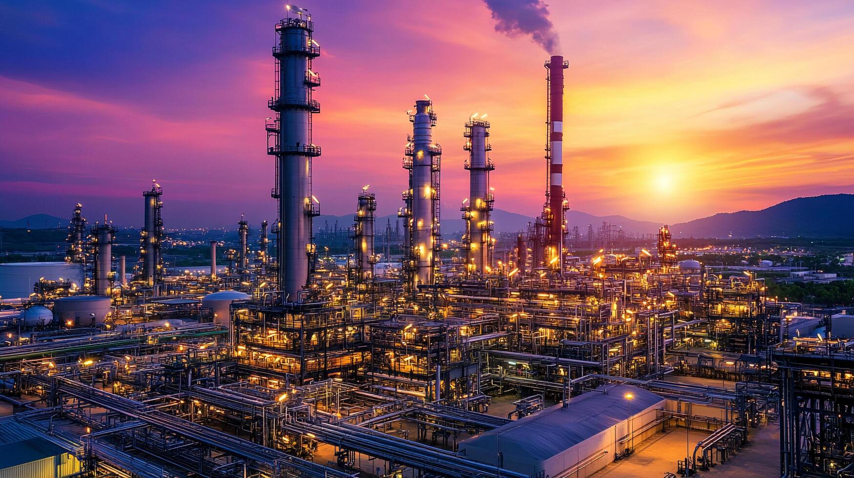 Industrial complex at sunset with pipe lines, stacks emitting smoke against a colorful sunset backdrop. Engineering at dusk. photo