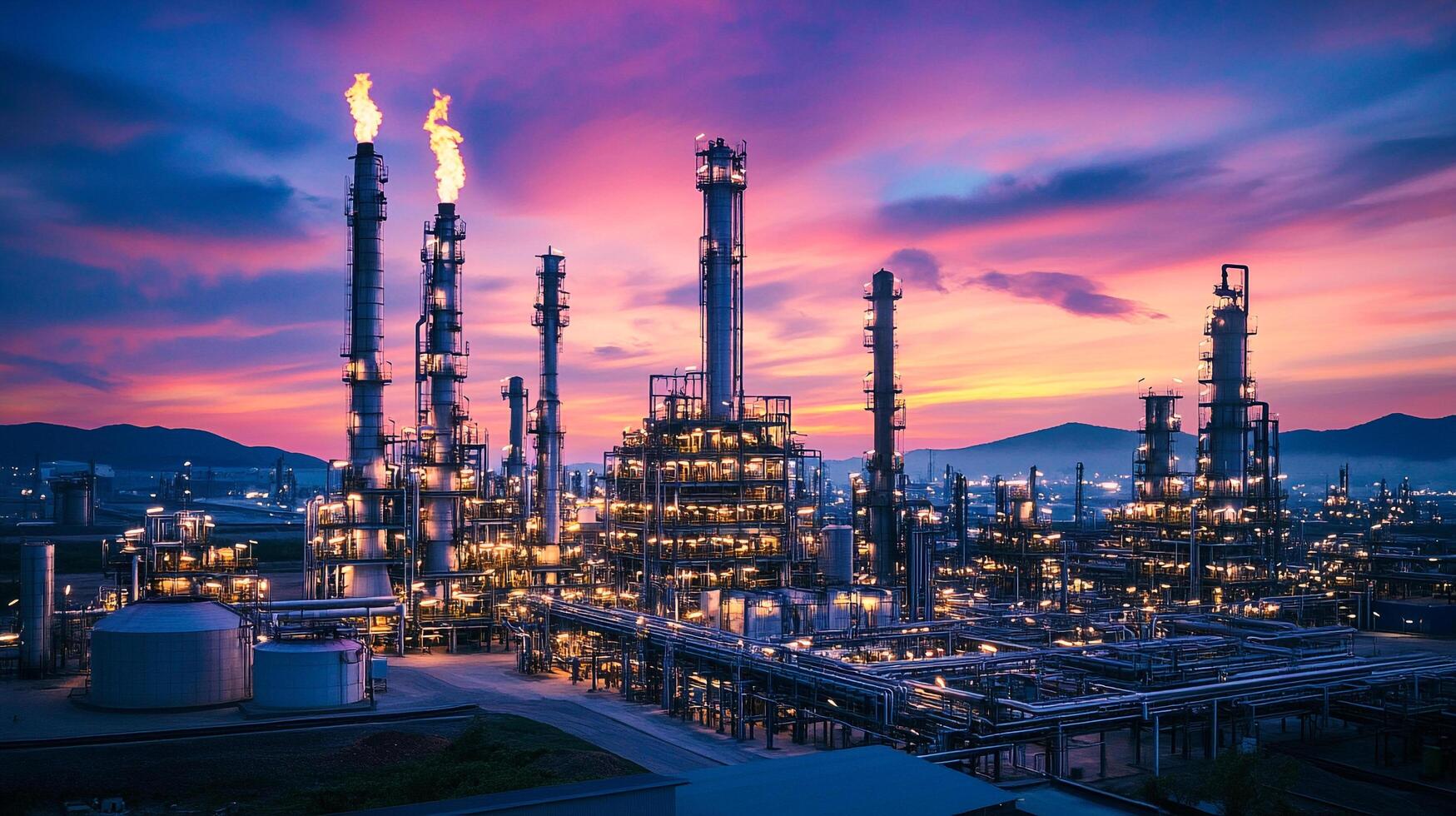 Illuminated industrial complex against twilight sky. Towers emit flames, intricate pipework visible with distant mountains backdrop. photo