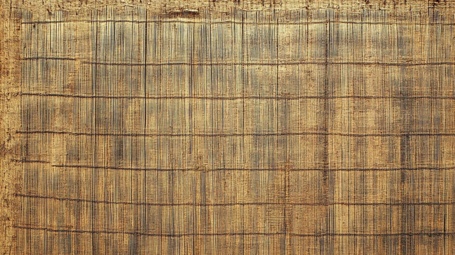 Detailed view of rustic, handcrafted wall made from dried reeds arranged into a textured, natural, organic pattern. Simple and primitive art. photo