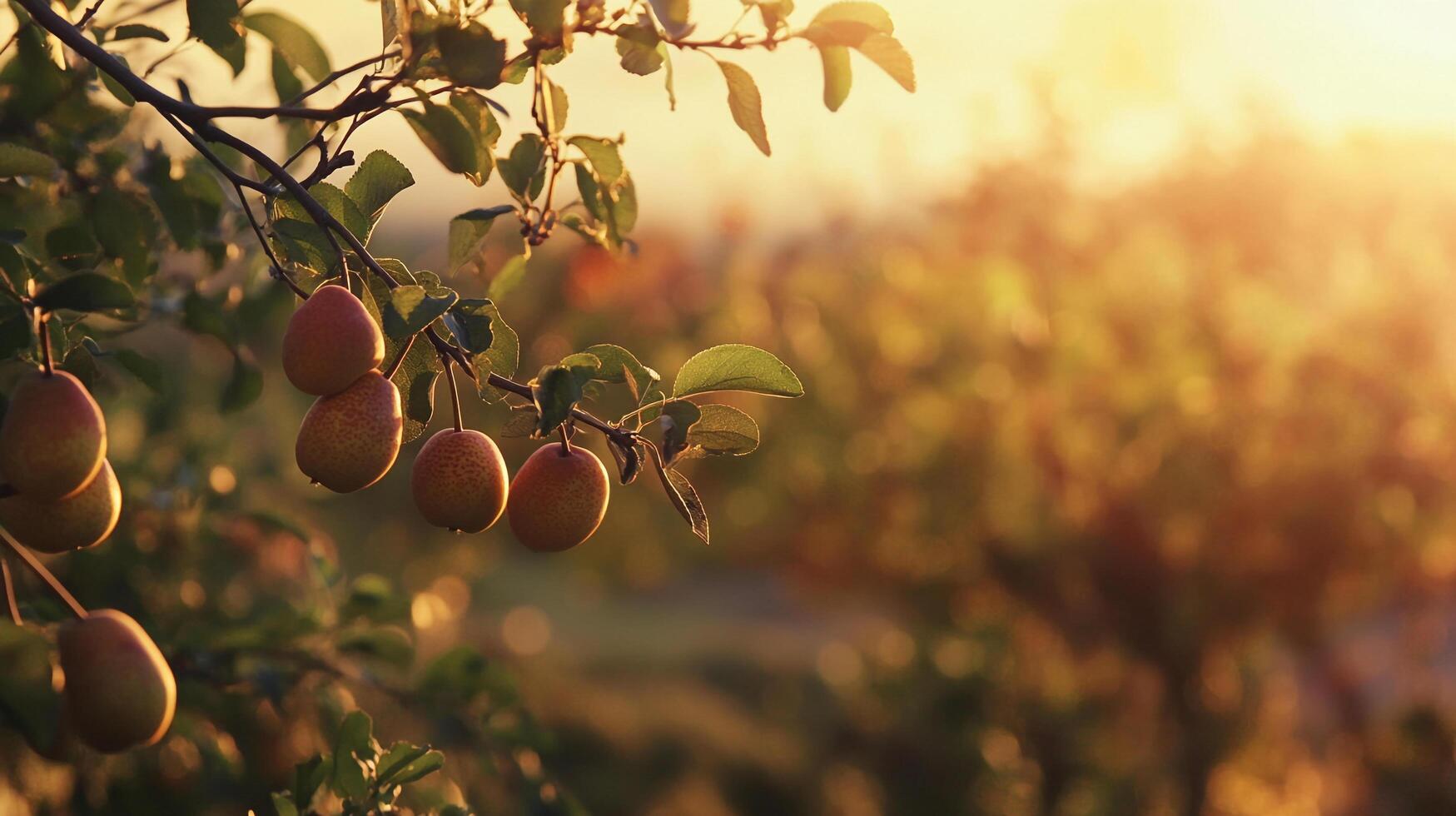 Ripe fruit hangs from a tree branch in the warm sunlight. The idyllic scene evokes a sense of abundance and natural beauty. photo