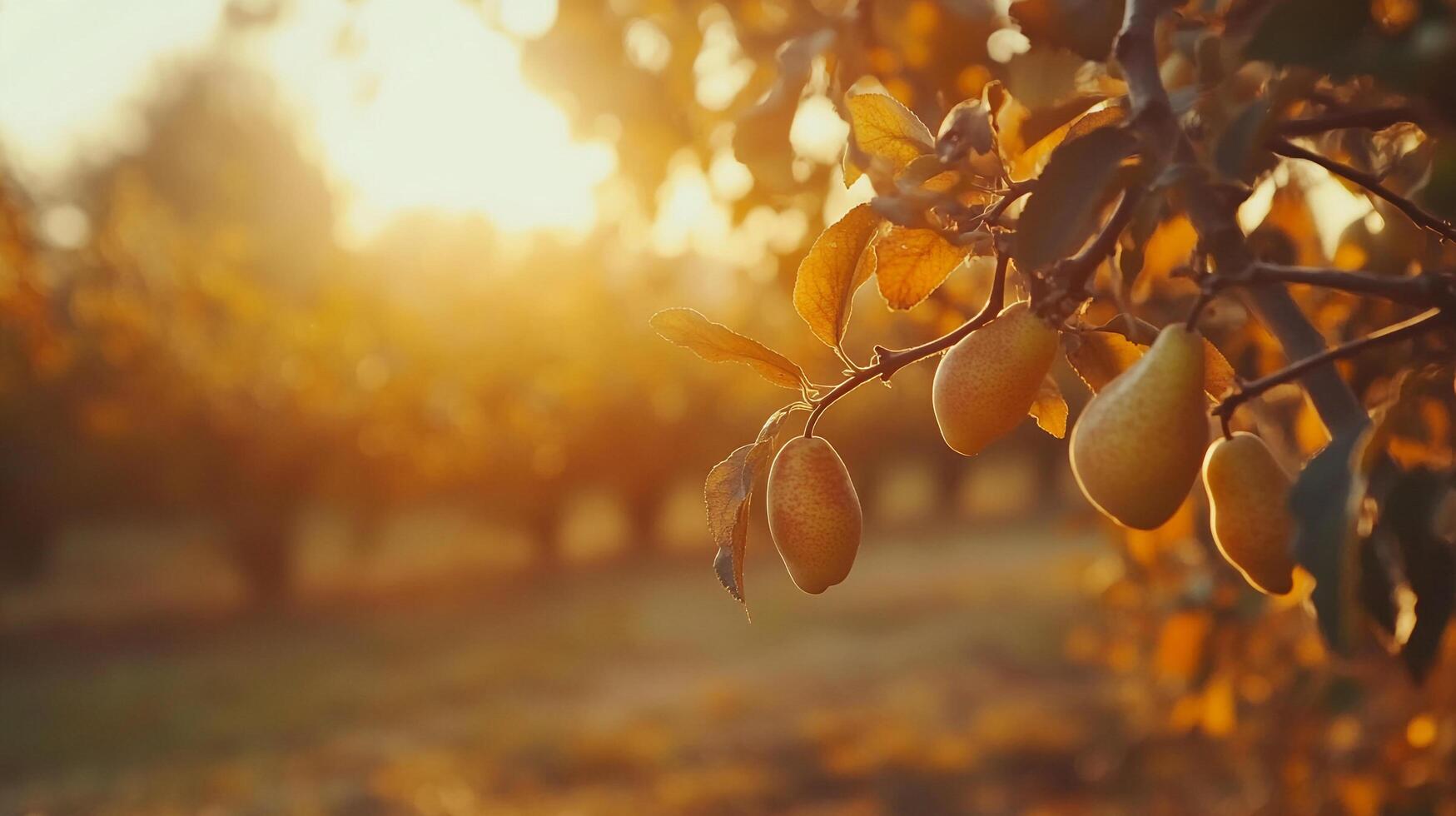 Golden pear tree bathed in warm sunlight. A moment of nature's simple beauty, captured at golden hour. photo