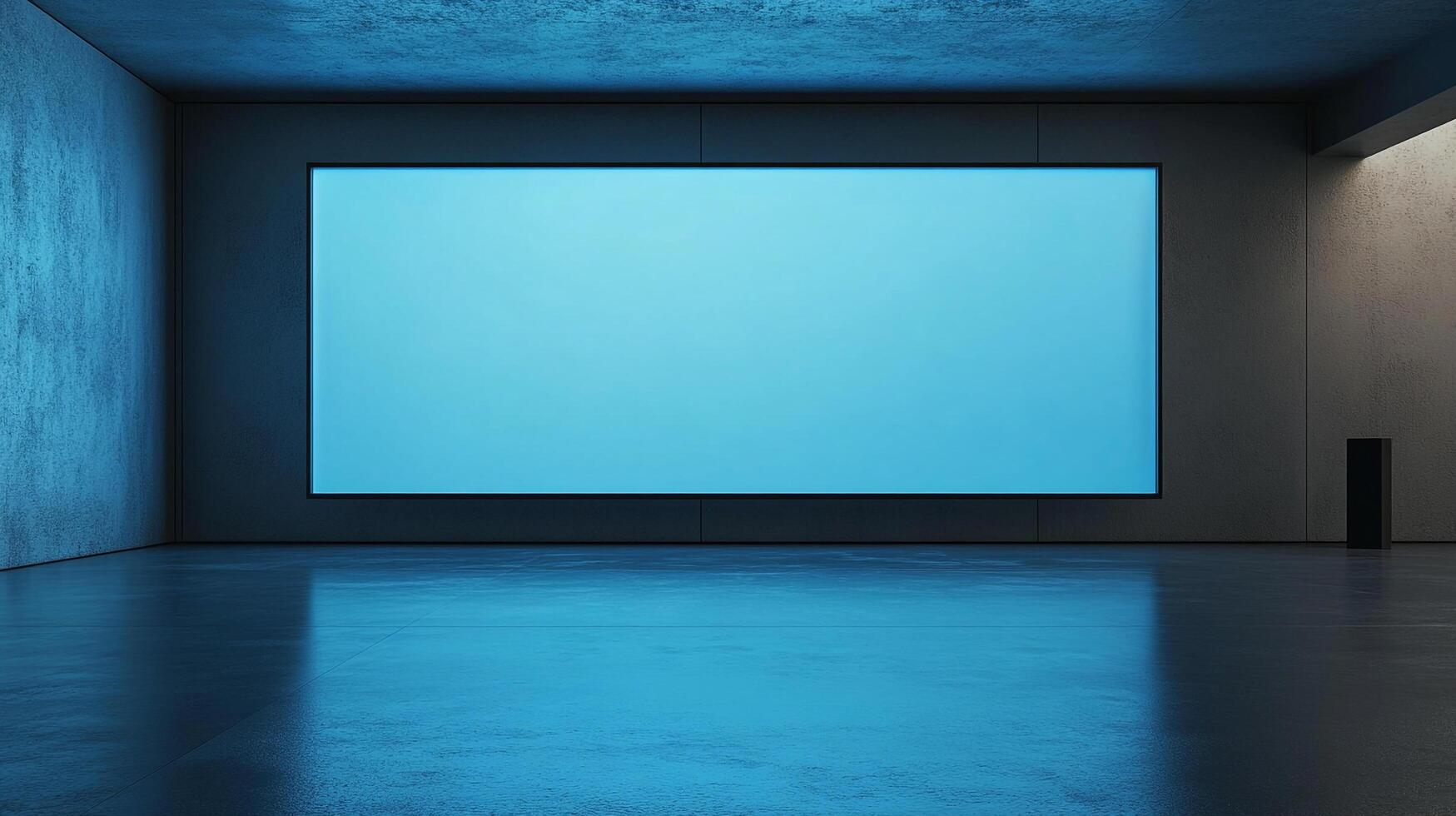 Modern empty room with blue light reflecting on a polished floor, the focus is drawn to the central screen on the back wall. photo