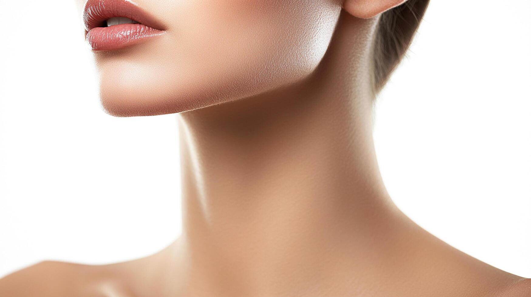 Close-up shot of a woman's face focusing on the neck and lips against a bright background, showcasing beauty and skincare elements. photo