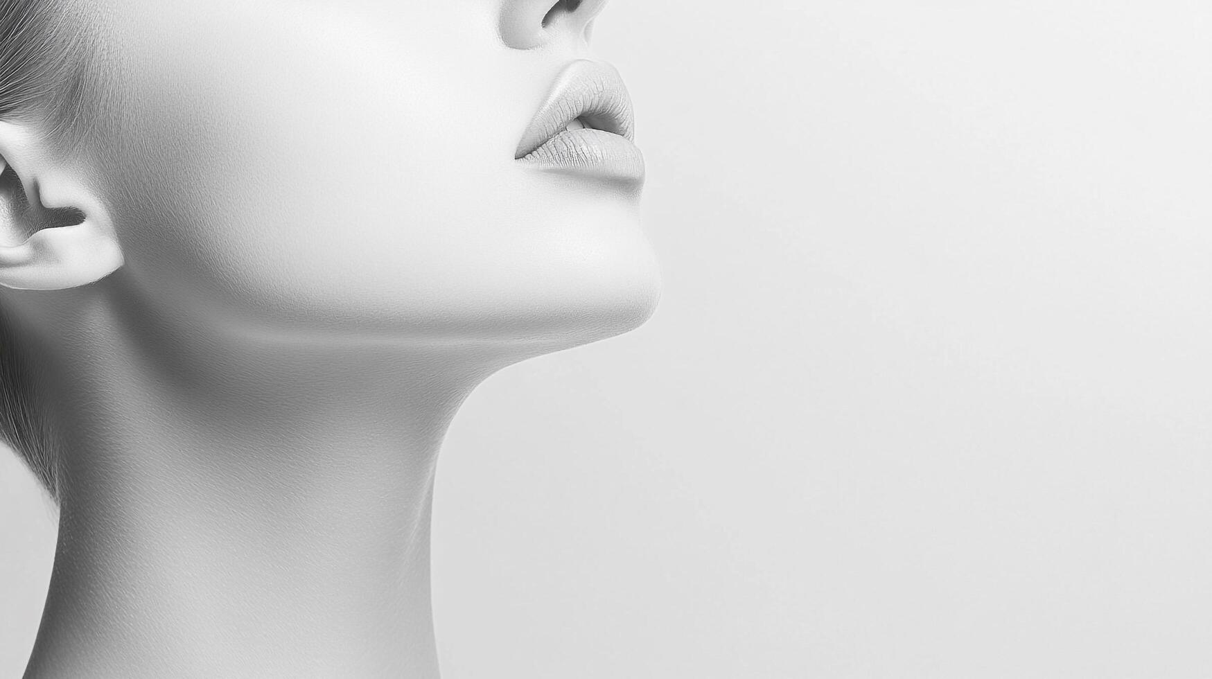 Monochromatic portrait showing a clean jawline, full lips, and delicate ear. Head tilted back, emphasizing the neck. Pure white background. photo