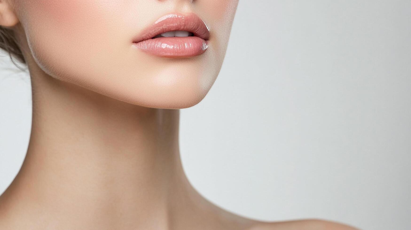 Close-up of a woman's face with smooth skin and glossy lips. Features include her neck, lips, and overall complexion in front of a clean backdrop. photo