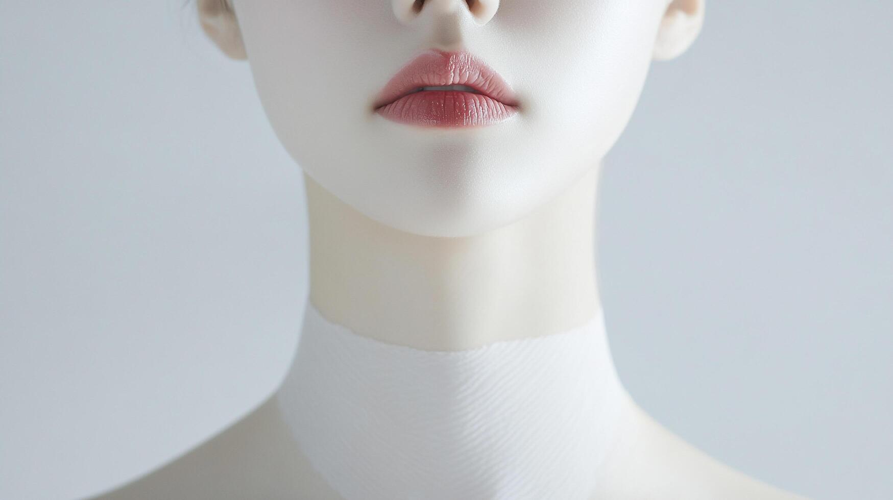 Close-up captures pale skin, lips, and white neck piece, creating a minimalist and elegant portrait of the subject. photo