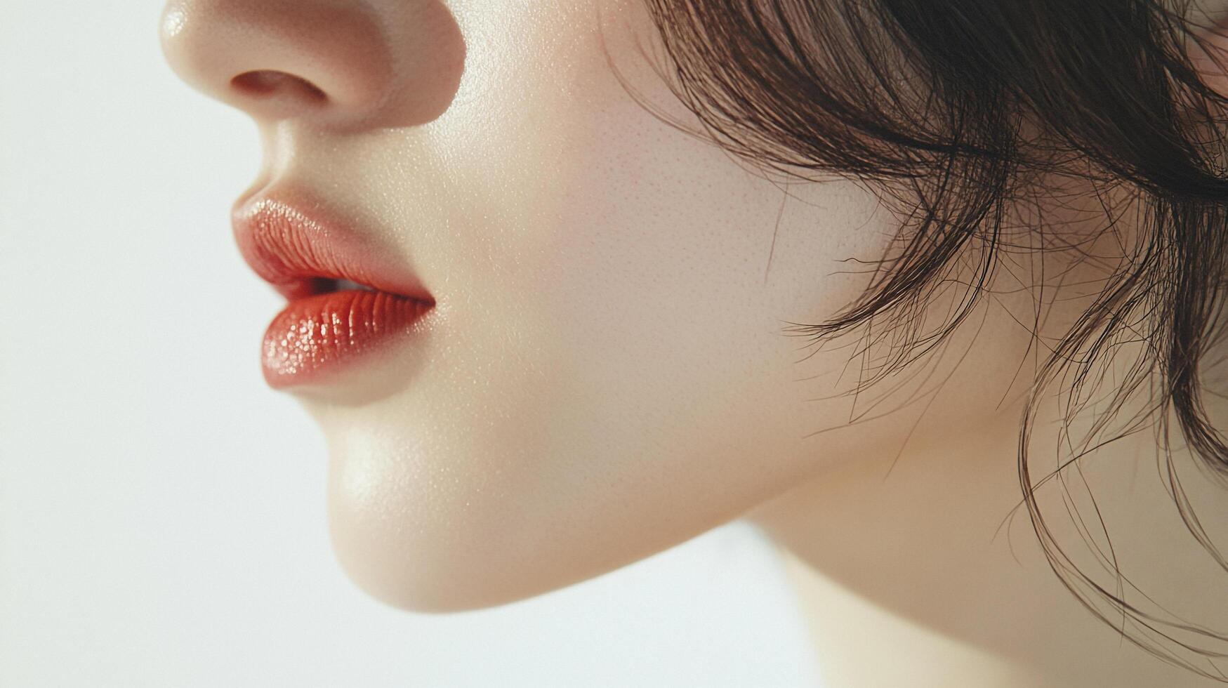 Close-up of a woman's face featuring glossy lips and soft, natural skin texture, highlighted by gentle lighting and loose strands of hair. photo