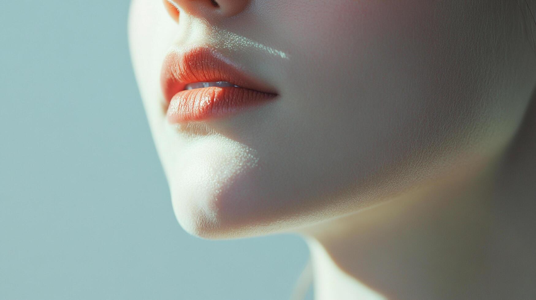 Close-up shot highlighting soft coral lips with light catching the skin. Subtle details and delicate textures create a gentle and elegant aesthetic. photo
