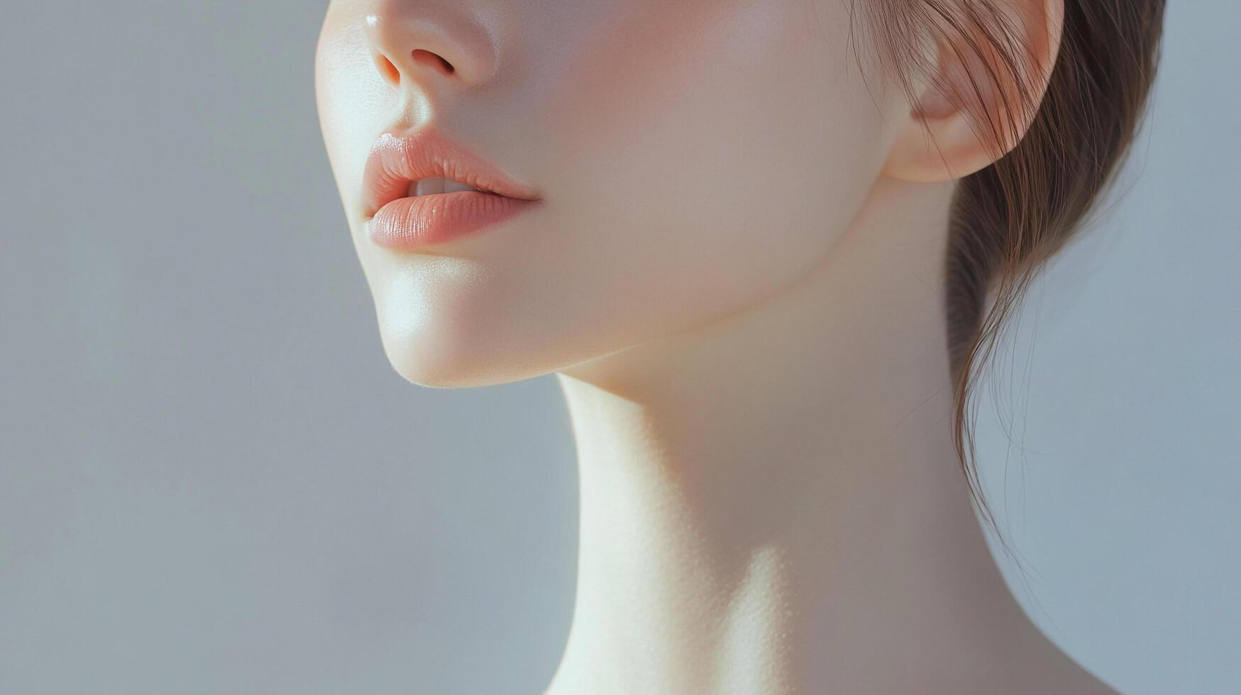 Close up portrait of a young woman showing off her dewy skin and soft facial features in front of a light gray background. photo