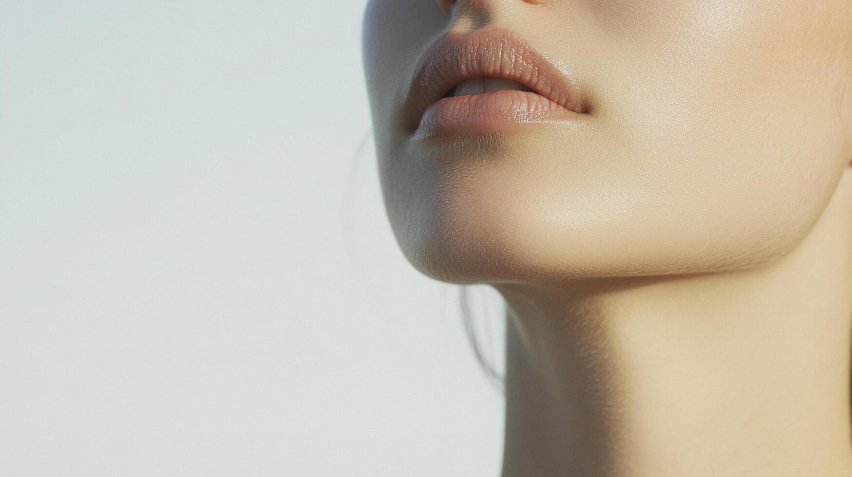 Close-up of a face with focus on lips and neck displaying beautiful skin. Delicate color and texture. Sunlight on the skin. photo