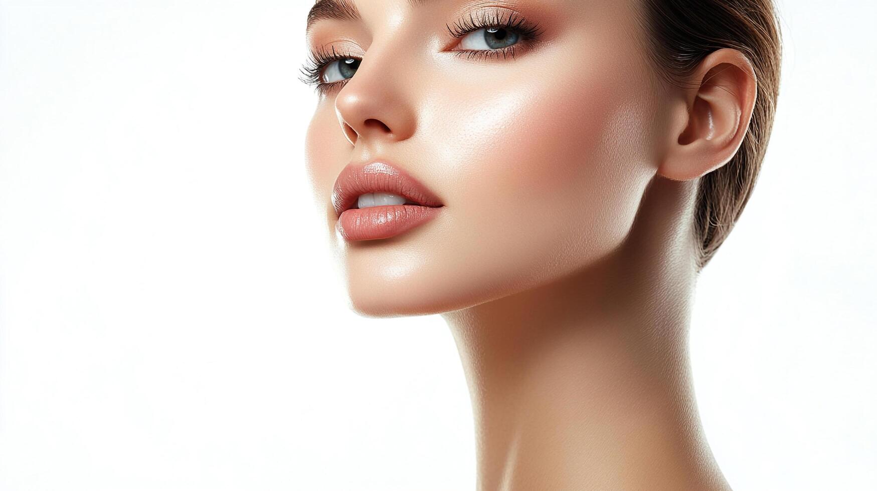 Radiant beauty portrait showcasing luminous skin, defined features, and captivating eyes in a clean, elegant composition against white backdrop. photo