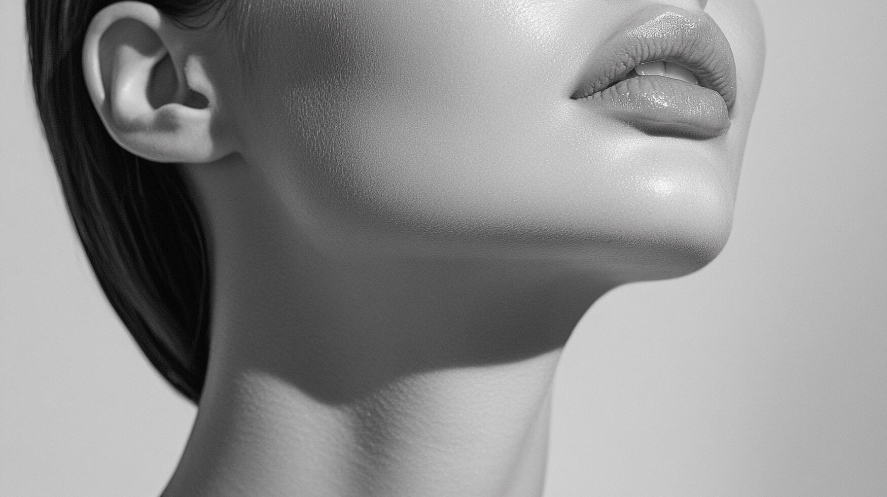 Monochrome beauty portrait showcasing smooth skin, full lips, and elegant neck contour in a sleek, contemporary style. Minimalist glamour. photo