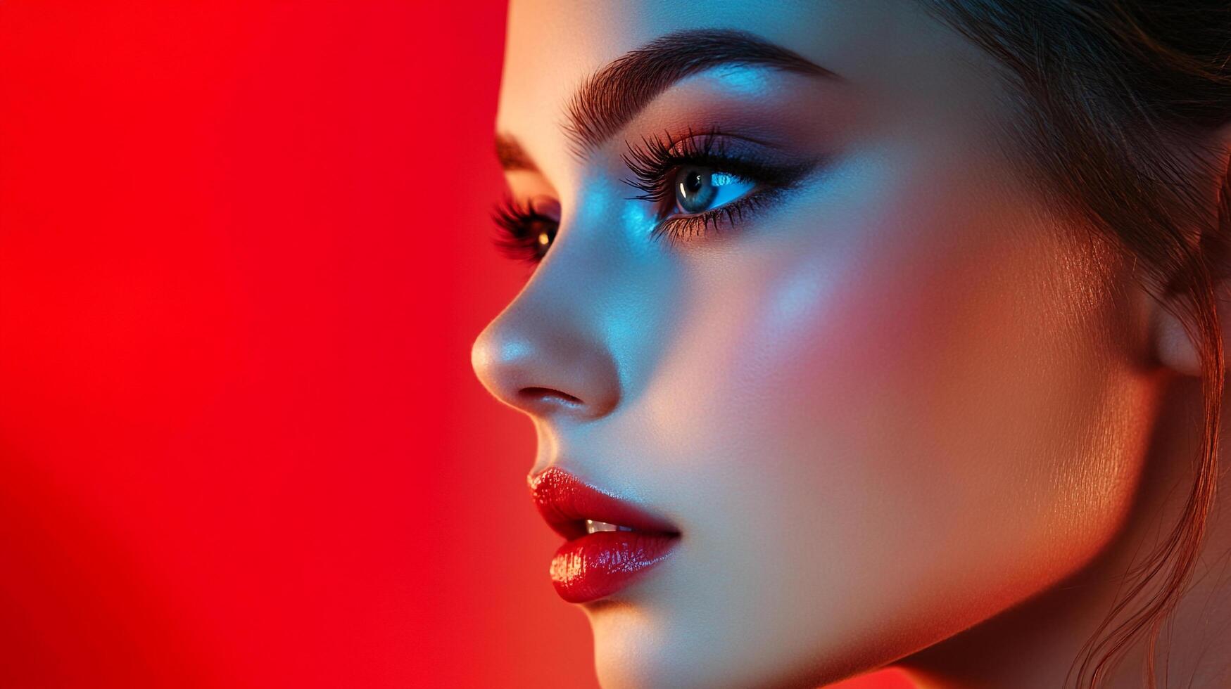 Glamorous side profile of a woman with blue eyes, bold red lips, and dramatic makeup set against a vibrant red backdrop, radiating elegance. photo