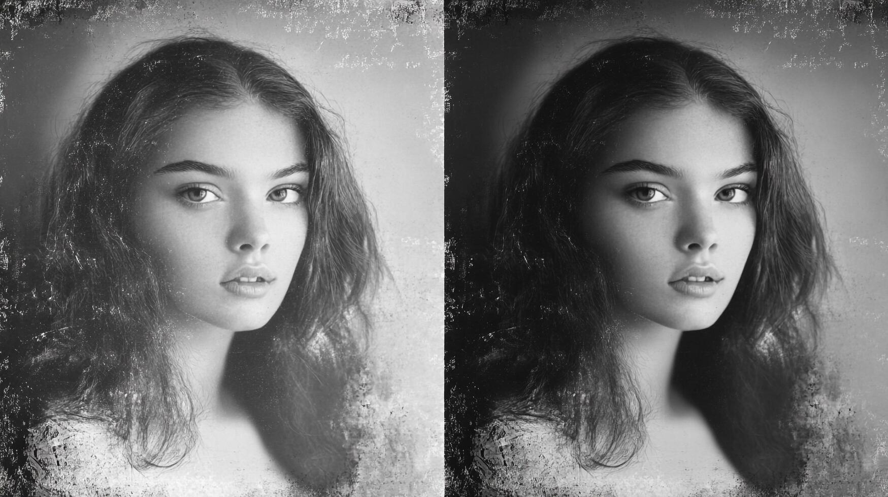 Monochromatic portrait showcasing the beauty of symmetry and the contrast of light and shadow highlighting facial features. photo