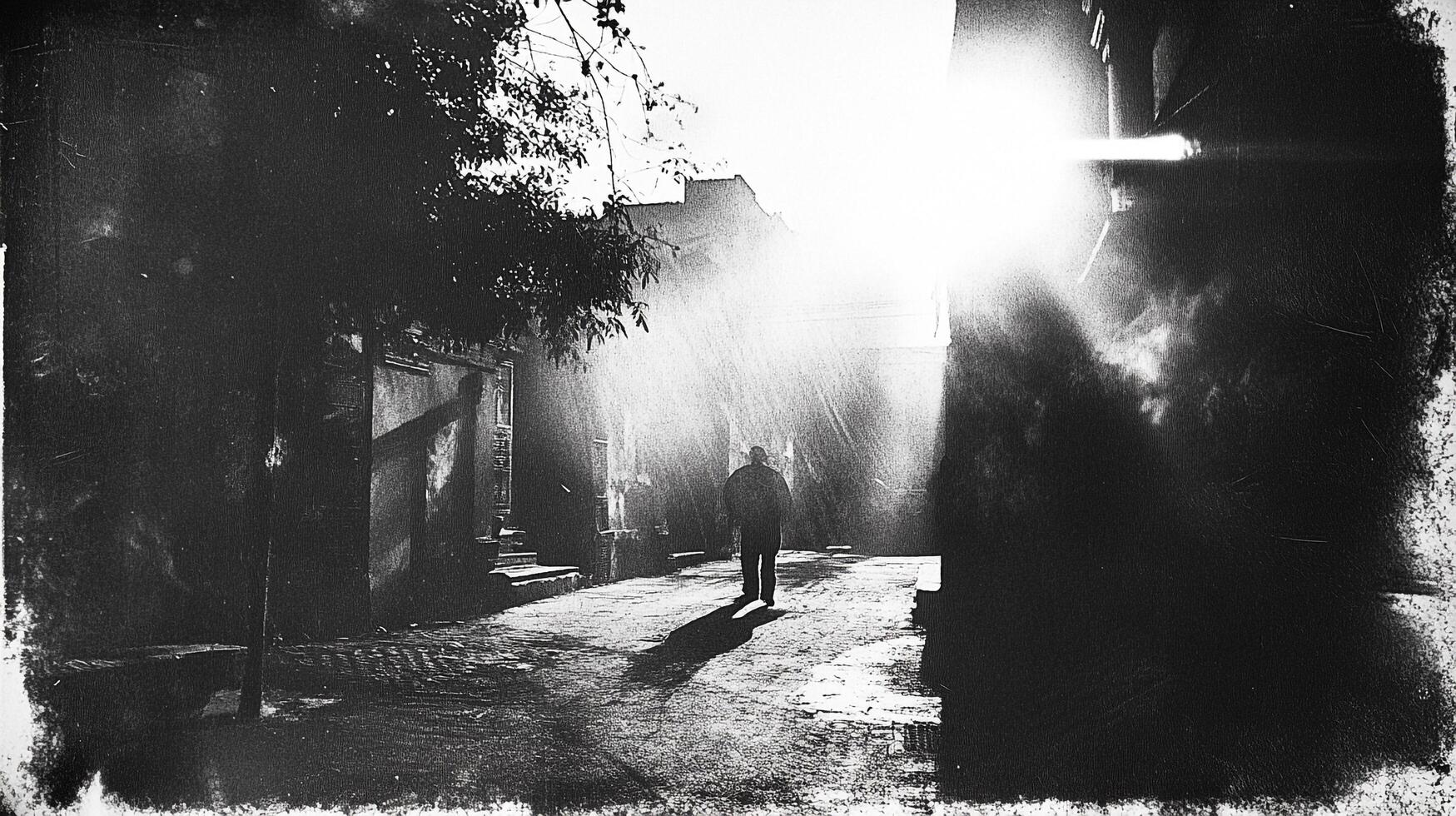 Monochrome alleyway scene with lone figure walking toward the sunlight, creating a dramatic contrast of light and shadow. photo