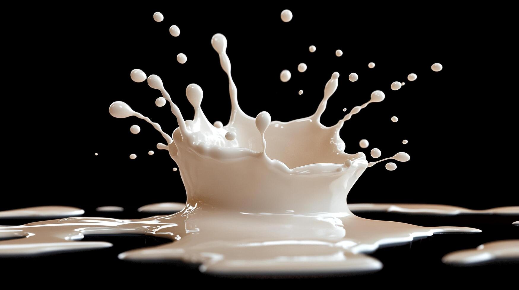 Dramatic moment of impact as white liquid splashes, droplets suspended in time against a dark background, creating dynamic art. photo