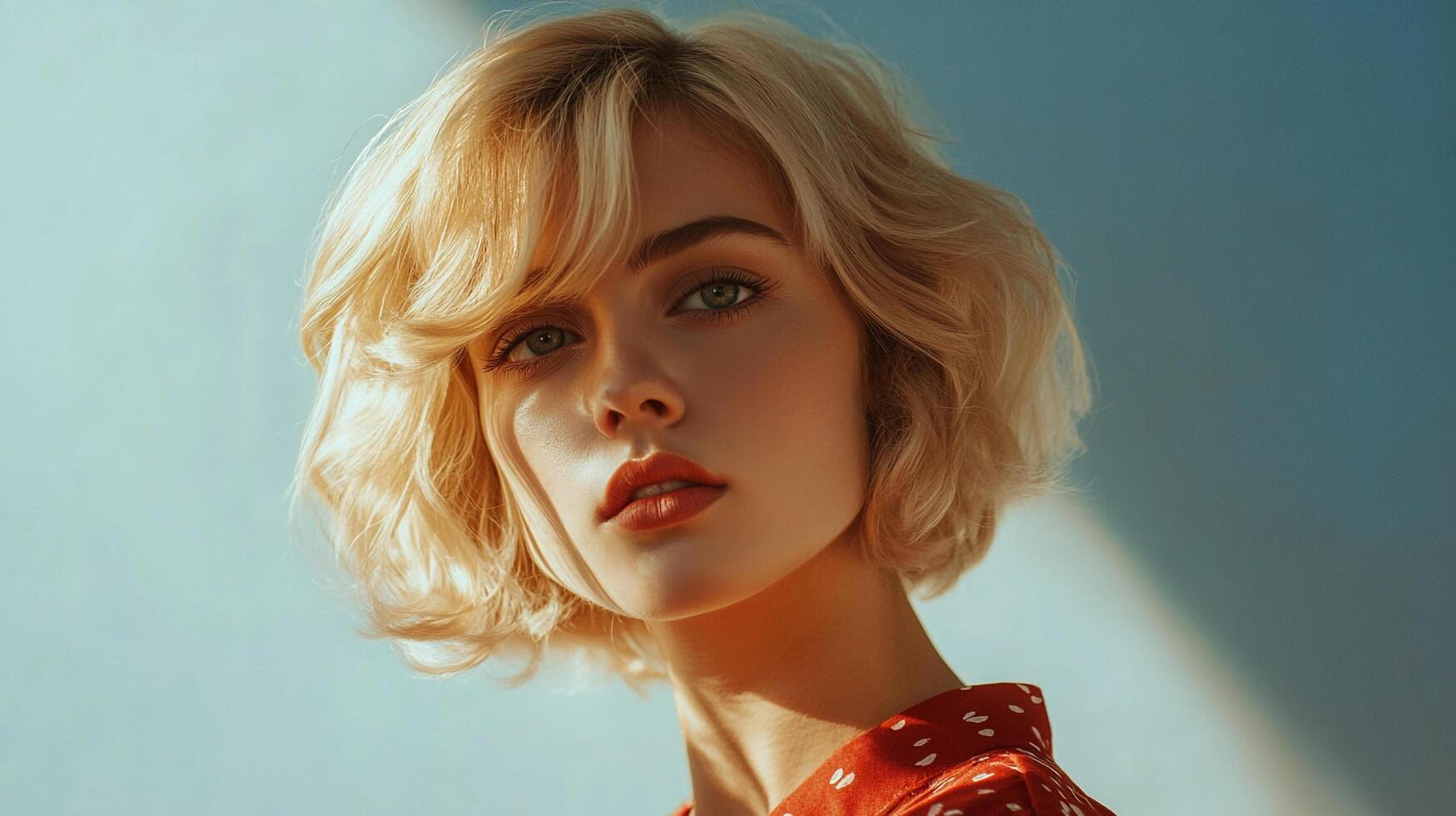 Portrait of a radiant woman with a confident gaze and sun-kissed blonde hair, standing in a soft light against a muted blue background. photo