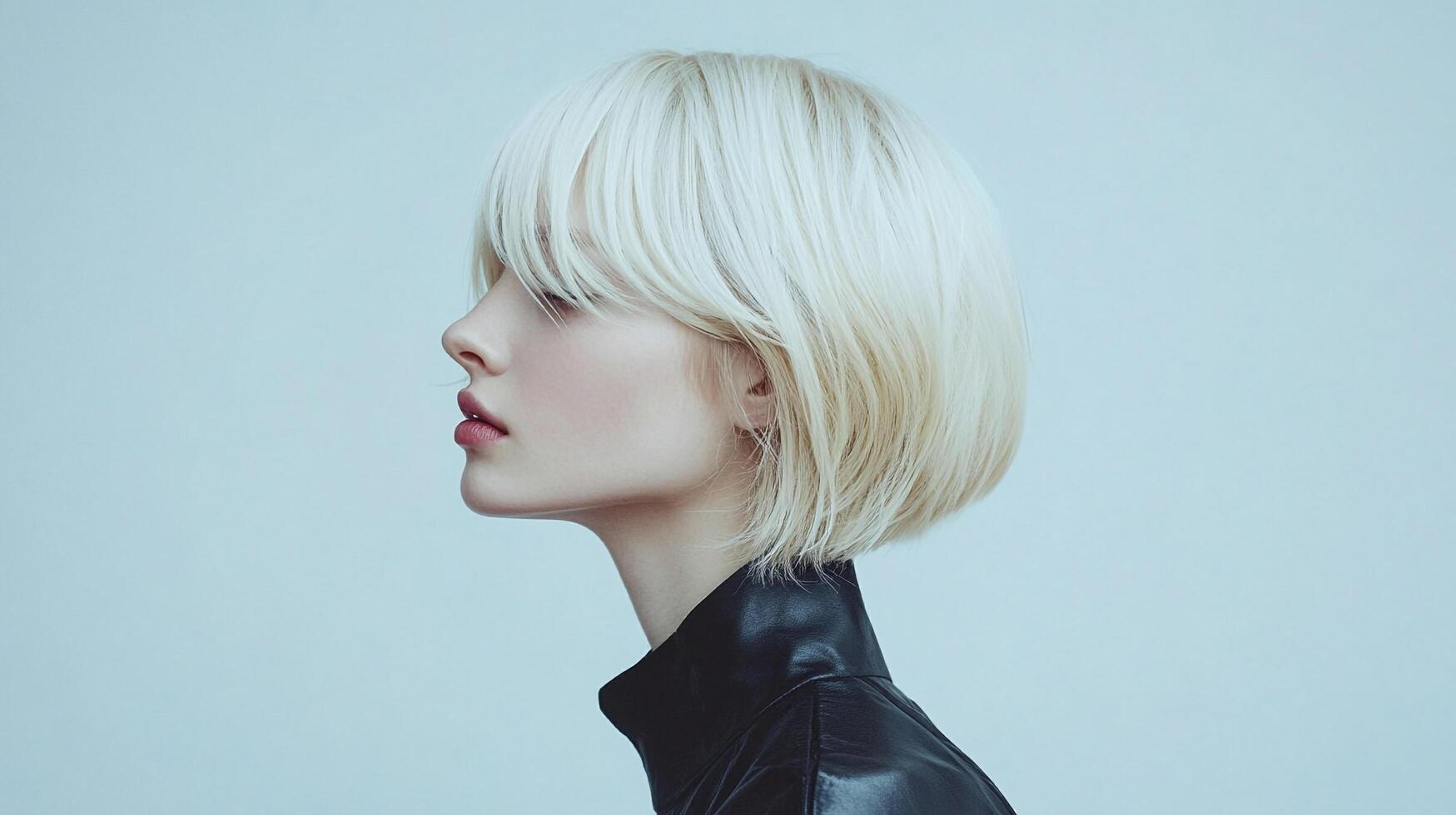 Profile of woman with short blonde bob haircut and dark clothing, minimalistic light blue background, clean beauty look, side pose photo