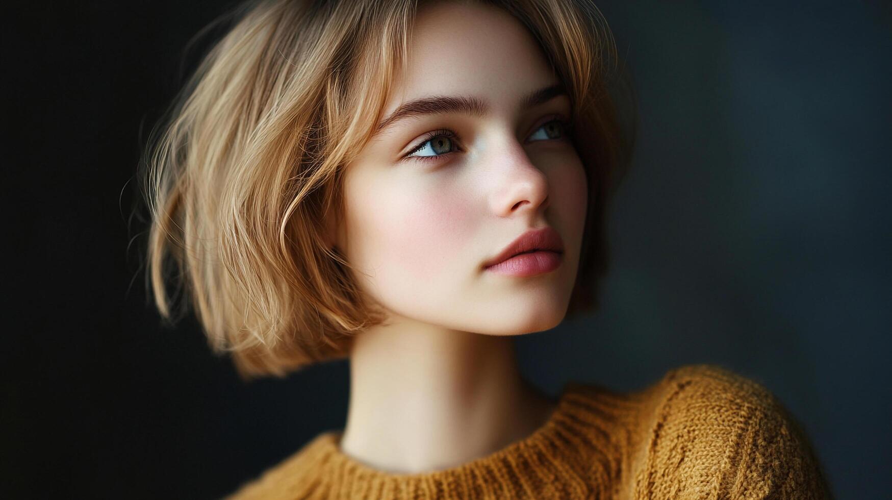 Portrait of a young woman with blonde hair, green eyes, and light skin, wearing a golden sweater looking up with soft lighting. photo