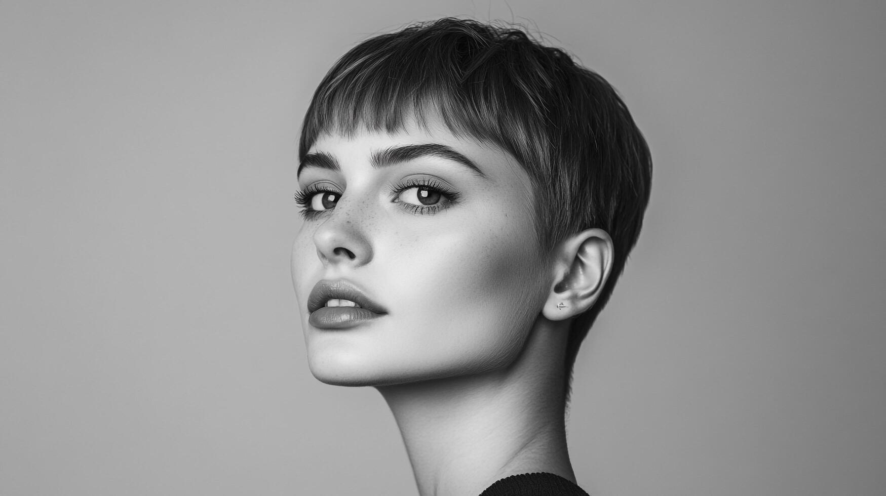Monochromatic portrait of a young woman with a modern pixie cut, showcasing striking features and confident gaze against a grey background. photo