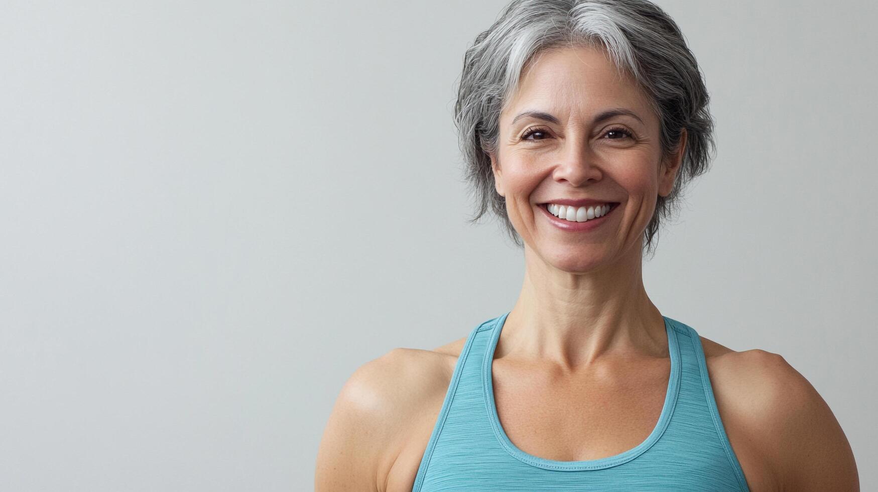 Smiling older woman with gray hair wearing a blue sports top against a gray background, radiates health and confidence. photo