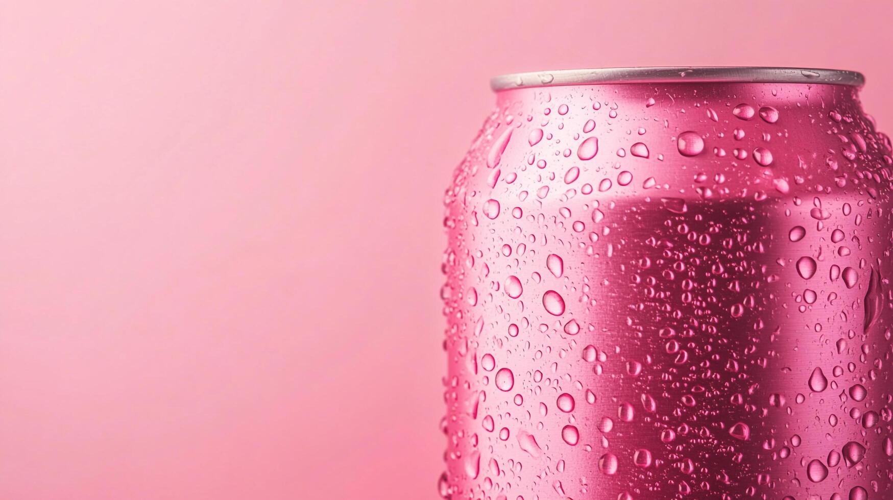A vibrant pink beverage can, covered in refreshing water droplets, against a soft pink backdrop. Perfectly chilled and visually appealing. photo
