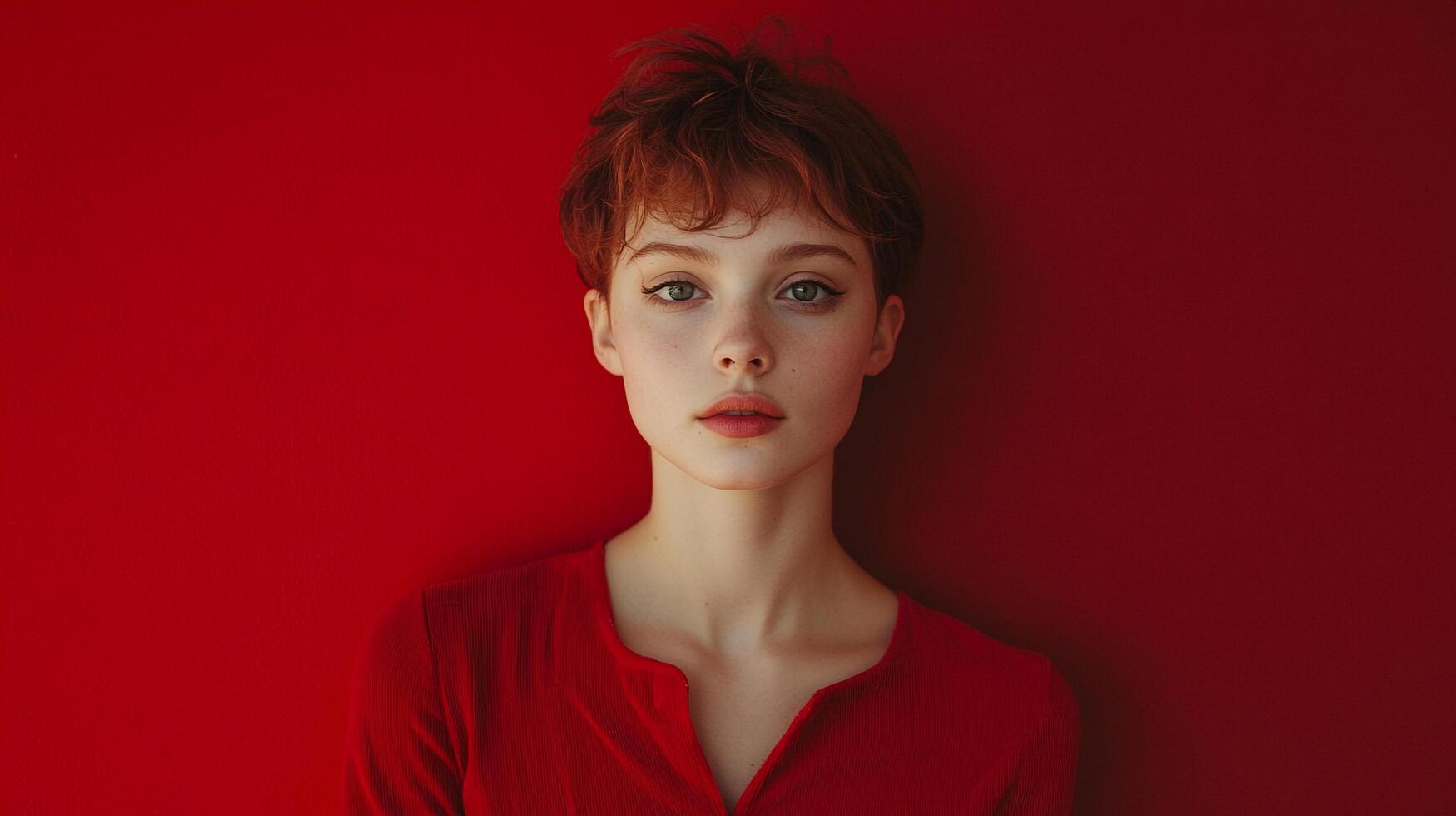 Portrait of a striking young woman with red hair against a vibrant red backdrop, highlighting her unique features and minimalist attire. photo