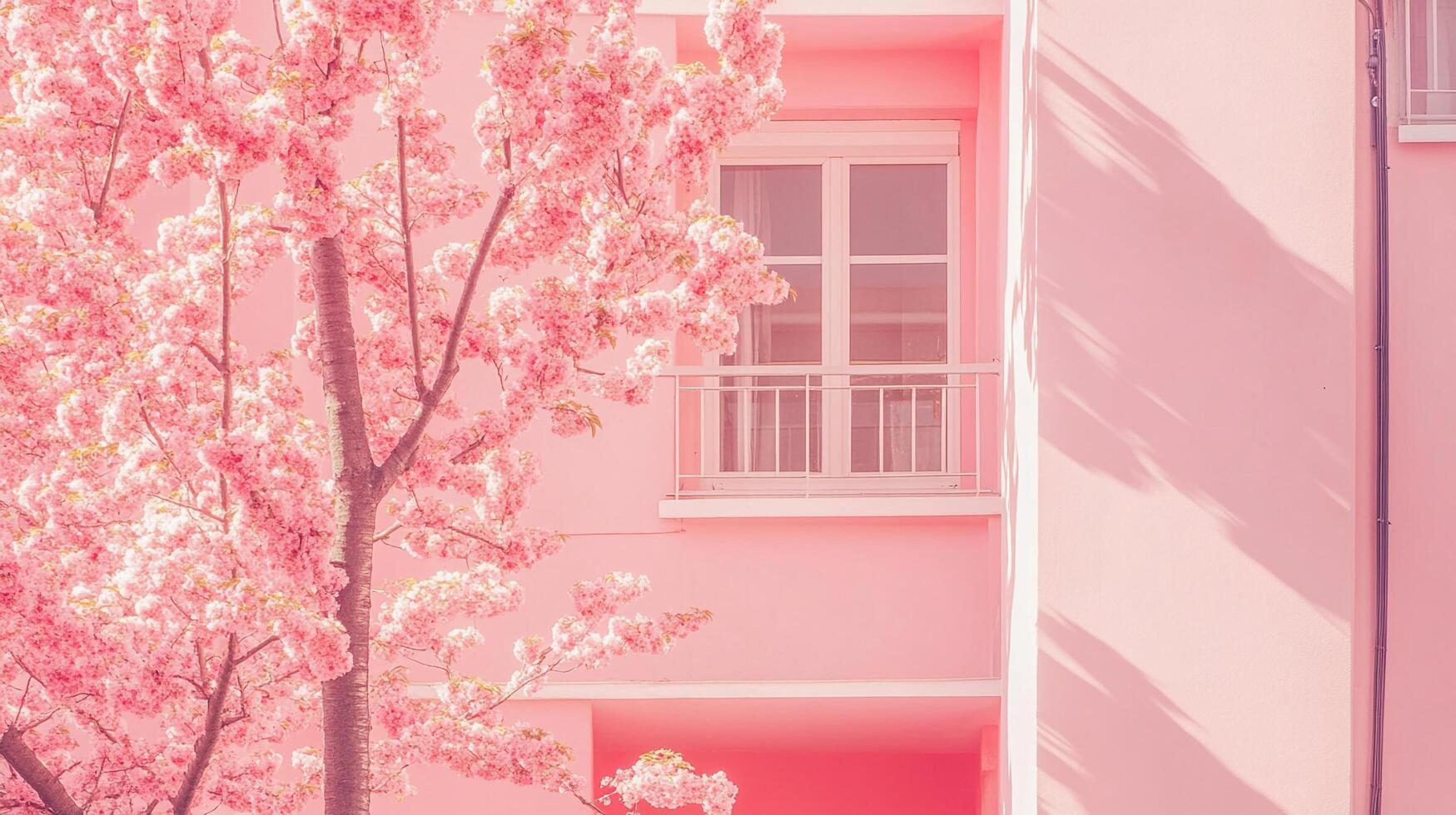 Blossoms frame a building facade, bathed in gentle pink hues, where nature's beauty meets architectural form in a serene spring setting. photo