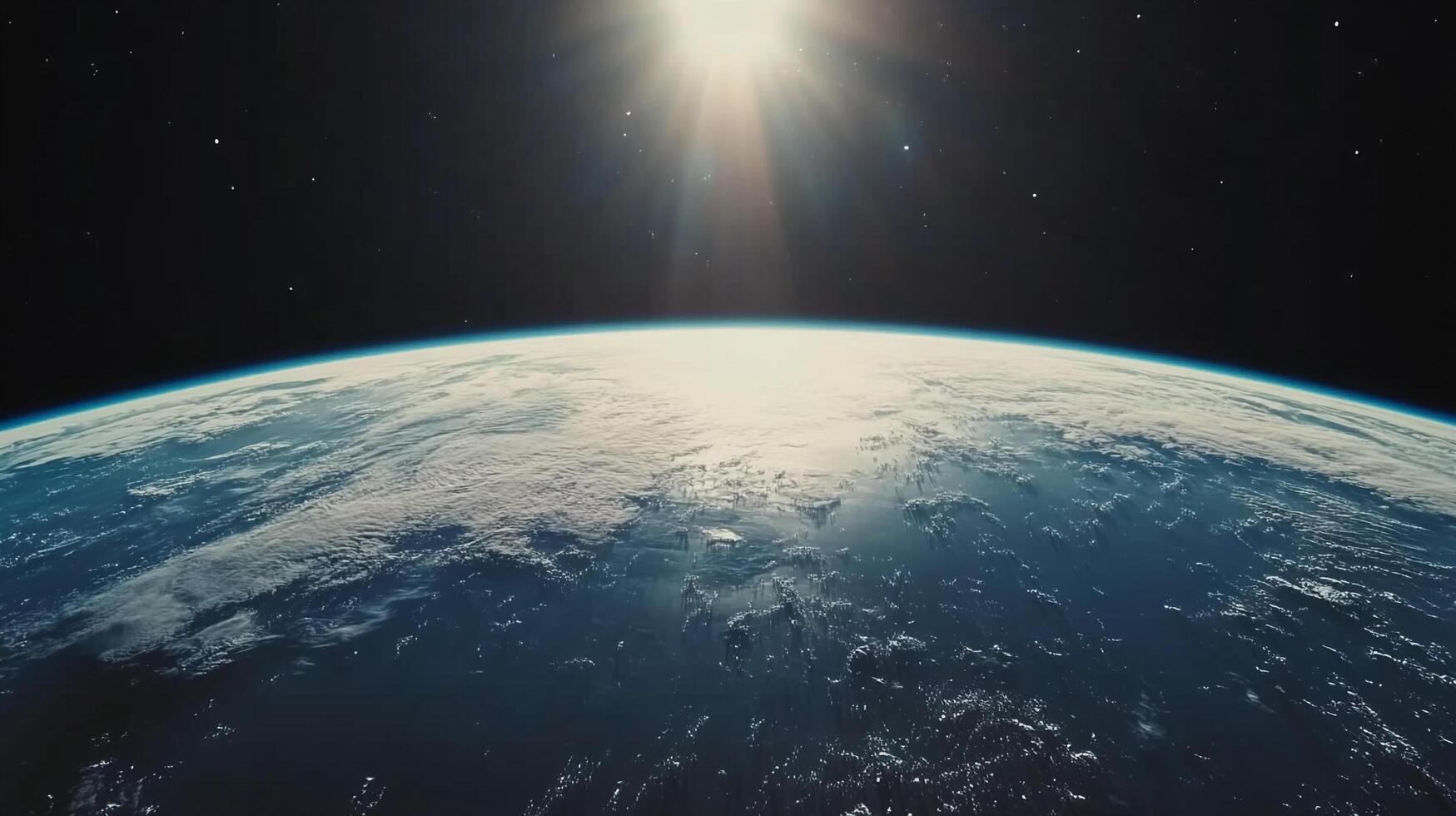 Earth from space view featuring clouds, oceans, land masses, and the sun's radiant light. Stars twinkle in the background. photo