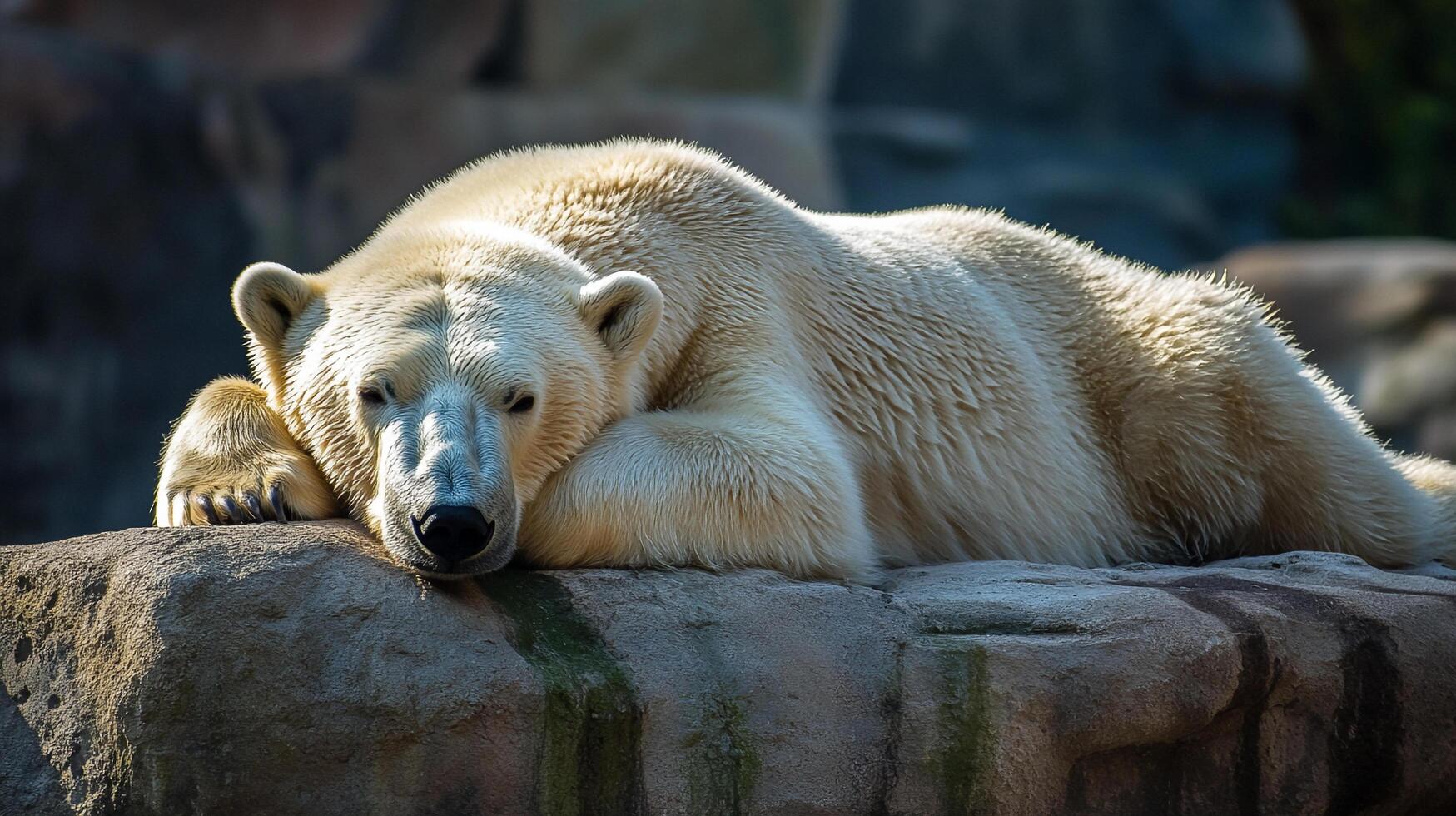 A majestic polar bear rests peacefully, its fur glistening under the light, capturing a moment of serenity in its natural habitat. photo