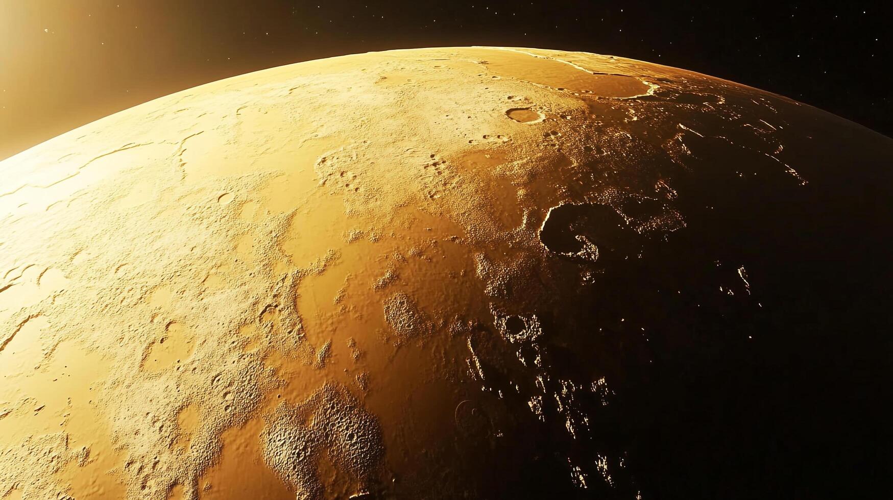 A mesmerizing aerial view of a barren, cratered planet surface with a tan hue, illuminated by a distant light source casting dramatic shadows. photo