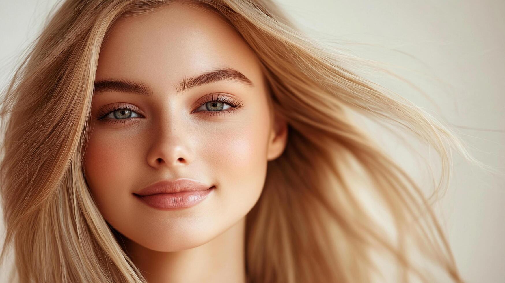 Serene beauty portrait with flowing blonde hair and a soft, natural makeup look, enhanced by flattering studio lighting. photo