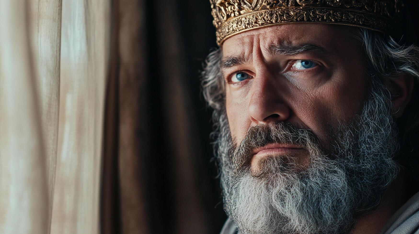 A solemn king with a golden crown stares out, conveying contemplation and power. The intense gaze hints at the burdens of leadership. photo