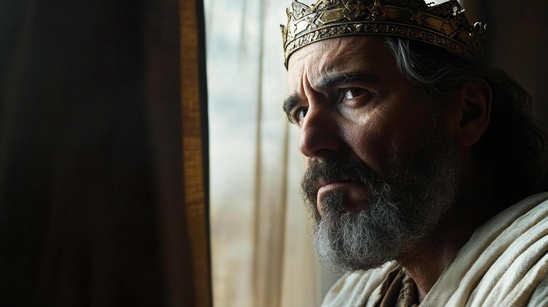 A contemplative king with a crown gazes thoughtfully out a window, his expression revealing a mix of wisdom and worry. photo