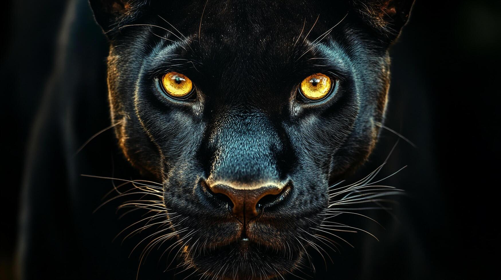 Close-up of a black panther's face, showcasing its piercing golden eyes and sleek fur. The panther's intense gaze captivates the viewer. photo