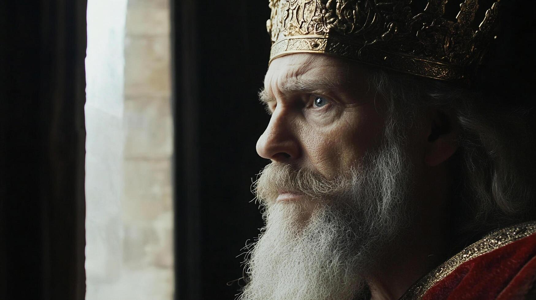 Pensive monarch in regal attire gazes from the castle window, his face etched with the weight of kingship and its timeless burdens. photo