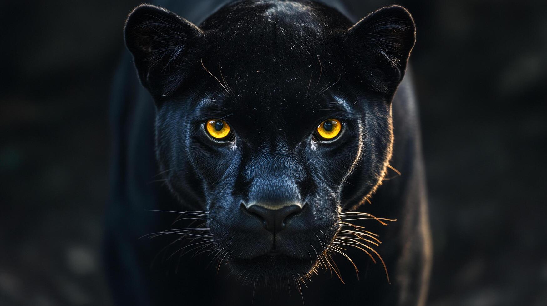 A striking close-up of a black panther's face, highlighting its intense golden eyes against its dark fur, showcasing wild beauty. photo