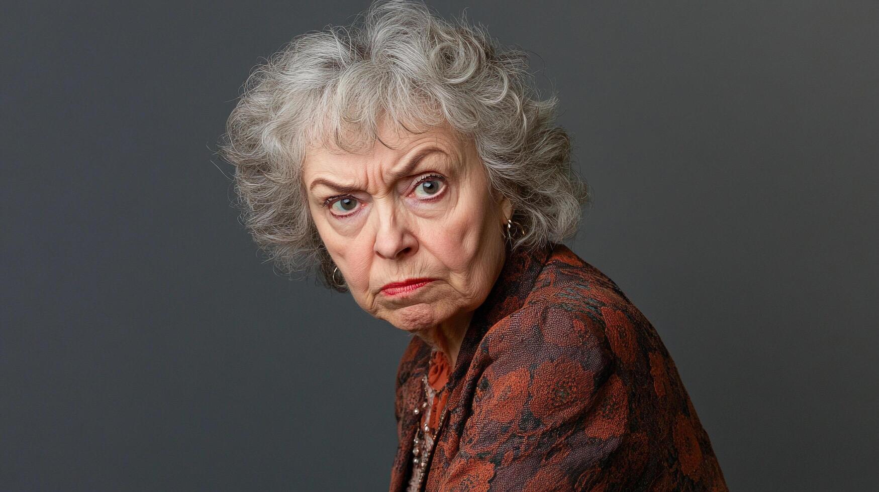 An elderly woman with gray hair stares intensely with a furrowed brow, projecting a stern and questioning expression against a gray backdrop. photo