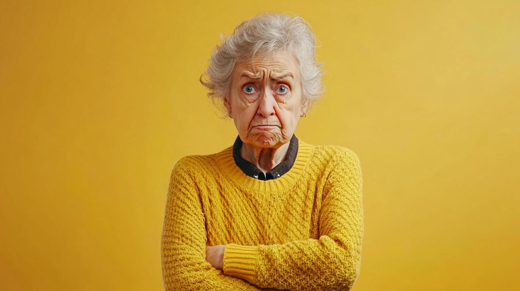 Annoyed woman with crossed arms, expressive face and wrinkled brow against a golden backdrop in vibrant sweater exhibiting visible frustration. photo