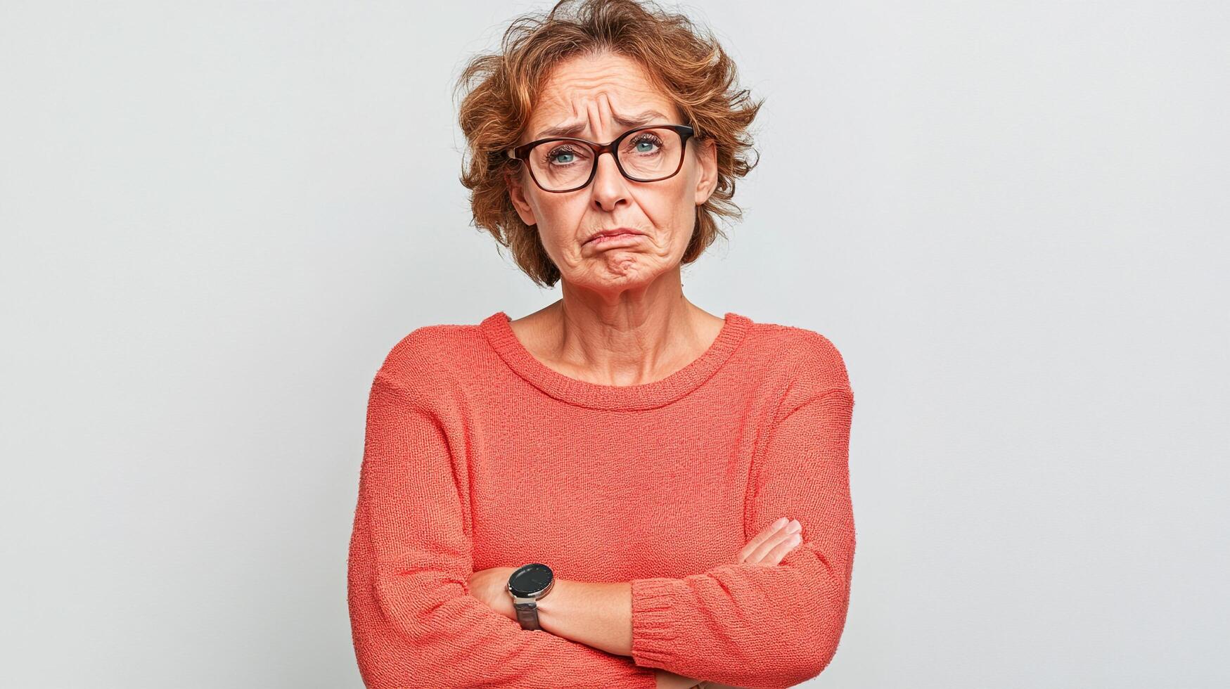 Frustrated woman with arms crossed and sad expression wearing glasses and an orange sweater, posing against a plain light background. photo