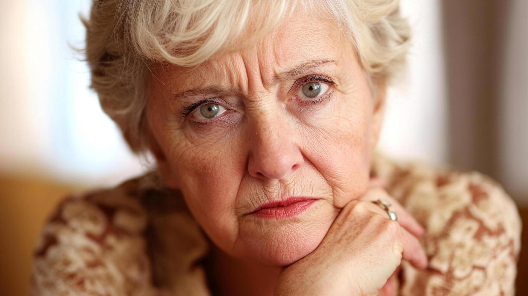 Intense stare of an older woman with wrinkles and white hair, hand propping her chin, capturing a thoughtful, serious, and expressive portrait. photo