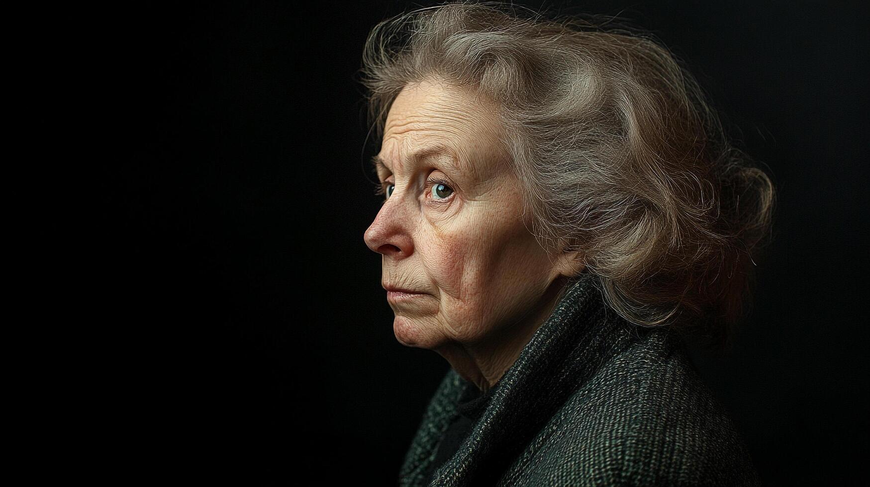 Thoughtful older woman in profile, with gray hair and a serious expression. Portrait captures wisdom and experience. photo